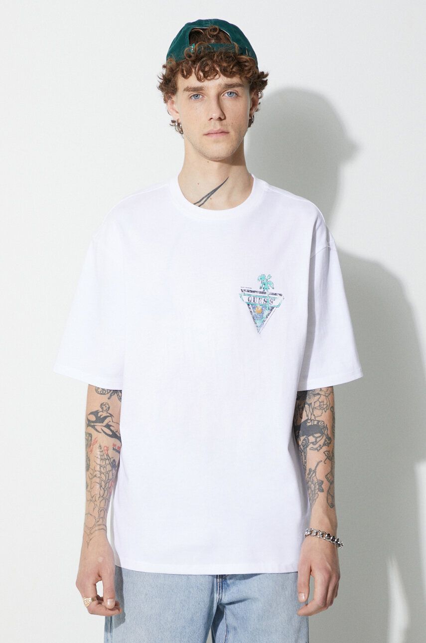 Bavlněné tričko Guess Originals bílá barva, s potiskem - bílá - 100 % Bavlna