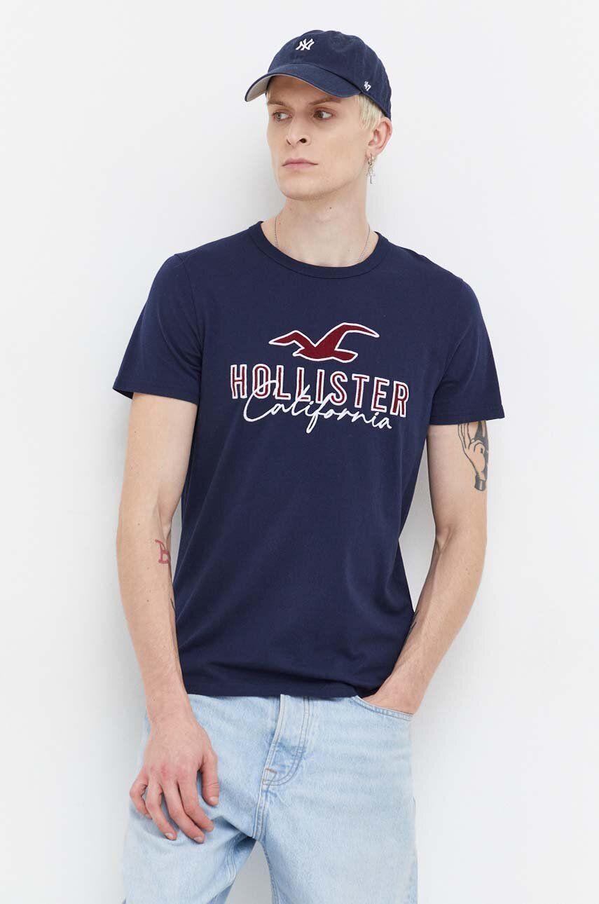 Hollister Co. tricou din bumbac barbati, culoarea albastru marin, cu imprimeu