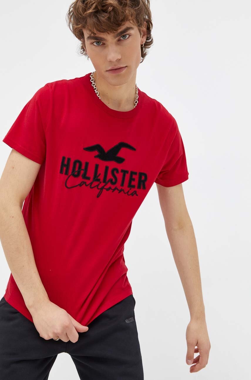 

Памучна тениска Hollister Co. в червено с апликация, Червен