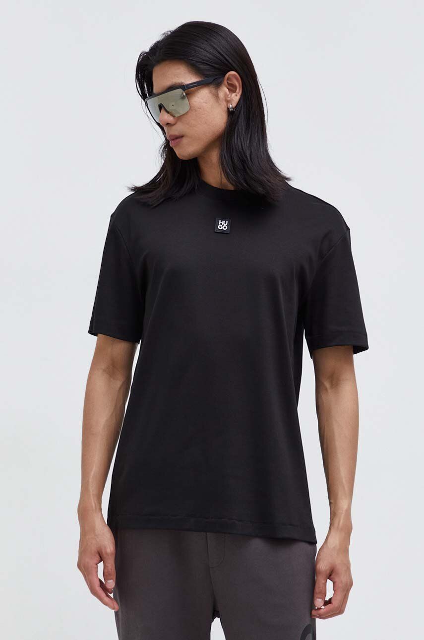 Bavlněné tričko HUGO černá barva, s aplikací - černá - 100 % Bavlna