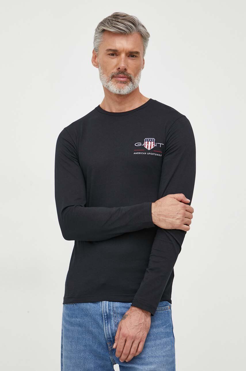 Bavlněné tričko s dlouhým rukávem Gant černá barva, s aplikací - černá - 100 % Bavlna