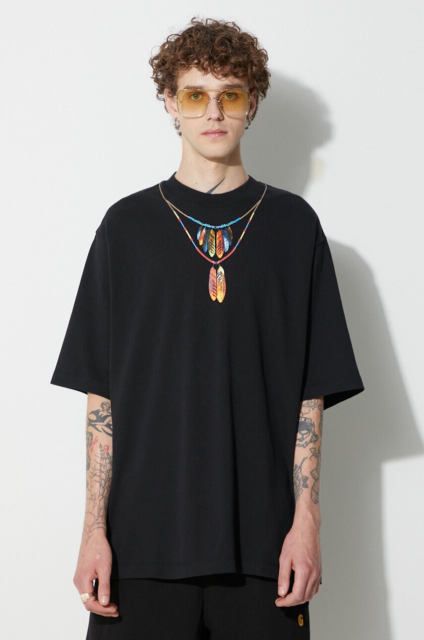 Marcelo Burlon tricou din bumbac Feathers Necklace culoarea negru, cu imprimeu