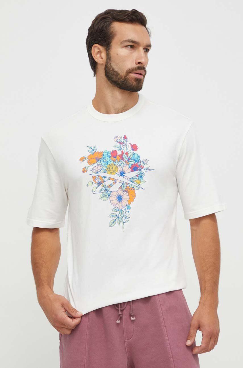 Levně Bavlněné tričko Reebok béžová barva, s potiskem