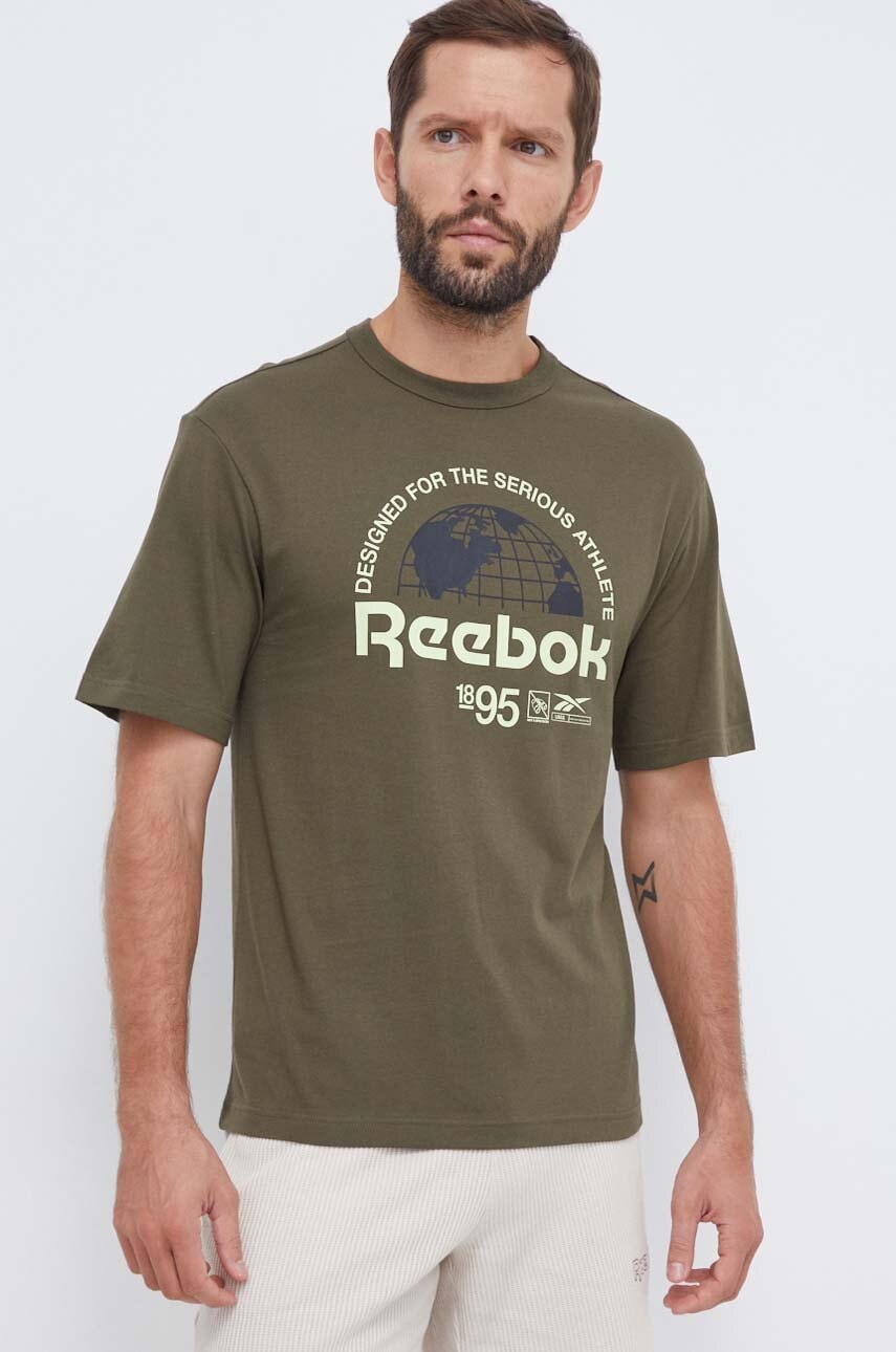 Bavlněné tričko Reebok zelená barva, s potiskem