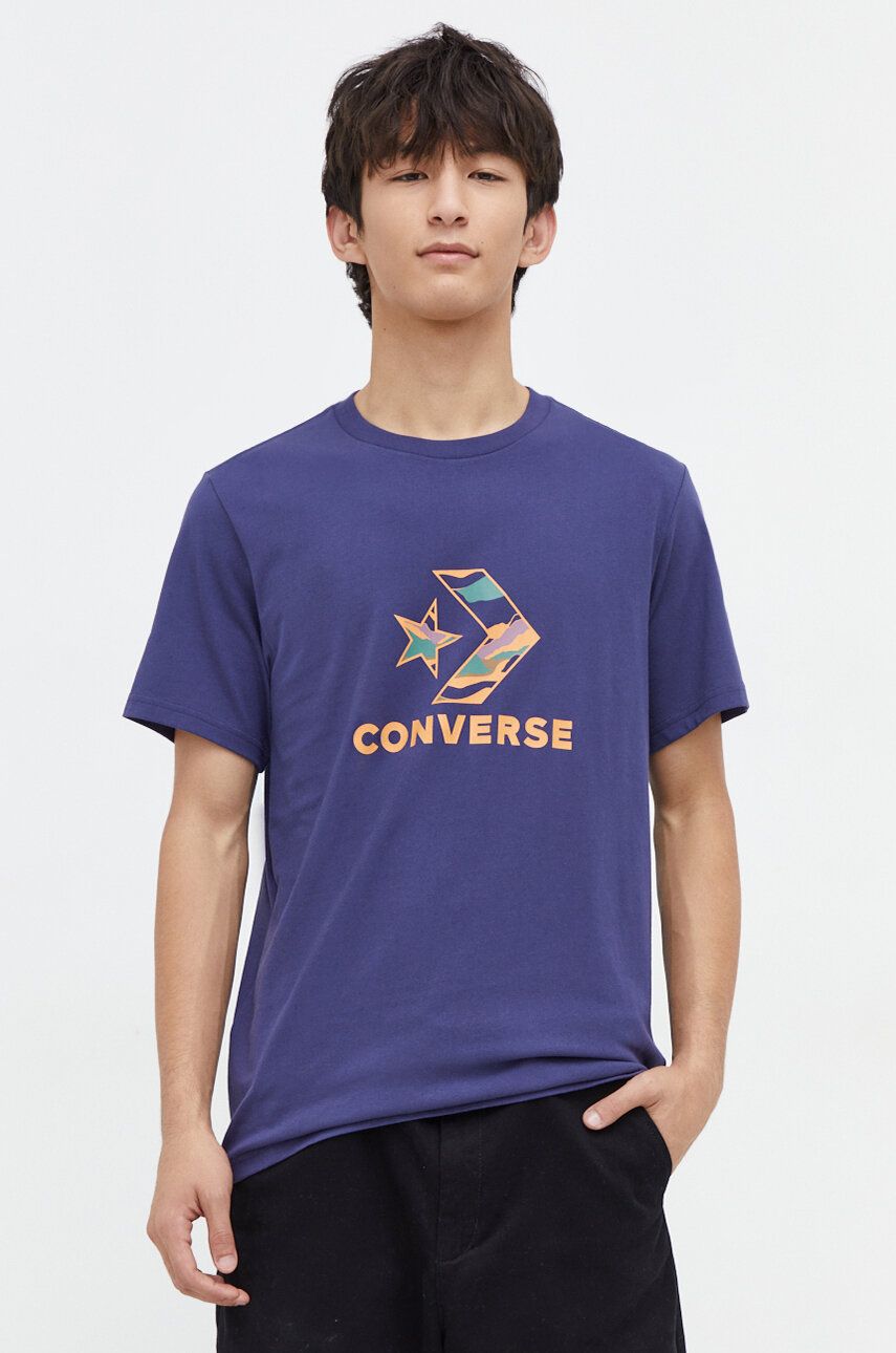 Levně Bavlněné tričko Converse tmavomodrá barva, s potiskem