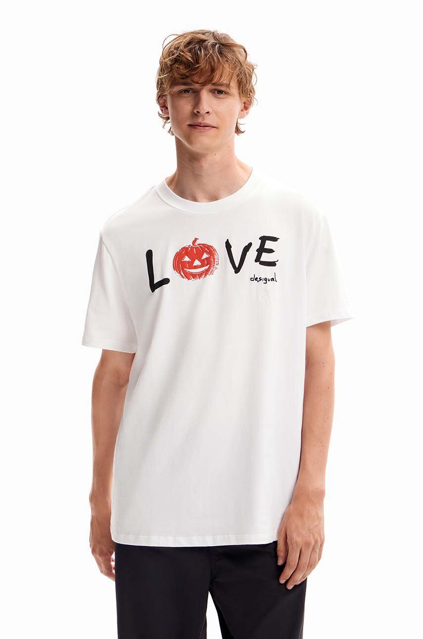Bavlněné tričko Desigual 23WMTK58 TS JORGE bílá barva, s potiskem - bílá - 100 % Organická bavlna