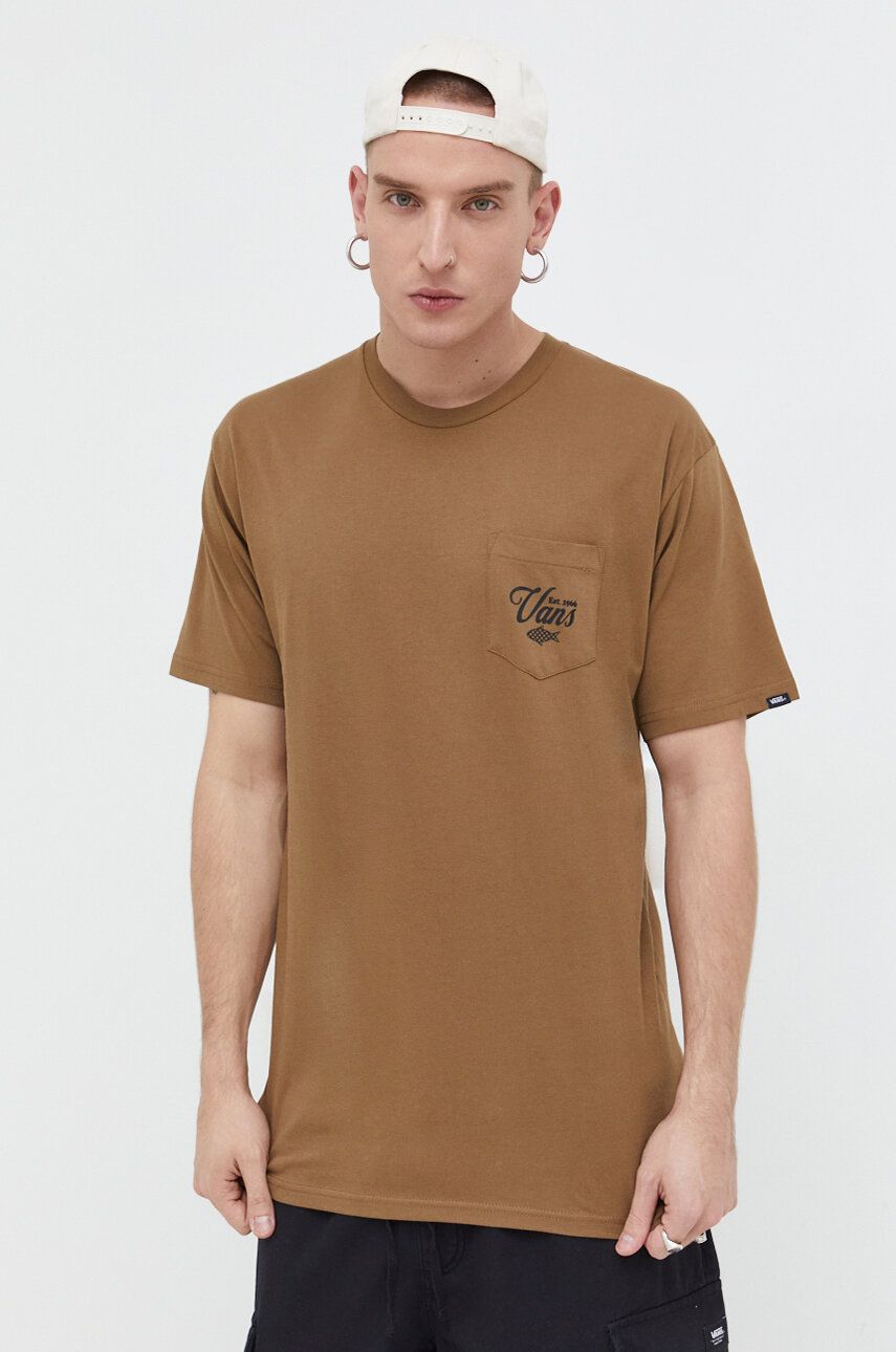 Levně Bavlněné tričko Vans hnědá barva, s potiskem