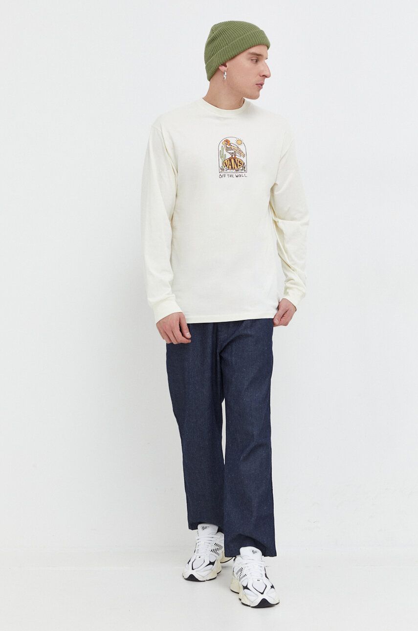 Bavlněné tričko s dlouhým rukávem Vans béžová barva, s potiskem - béžová - 100 % Bavlna