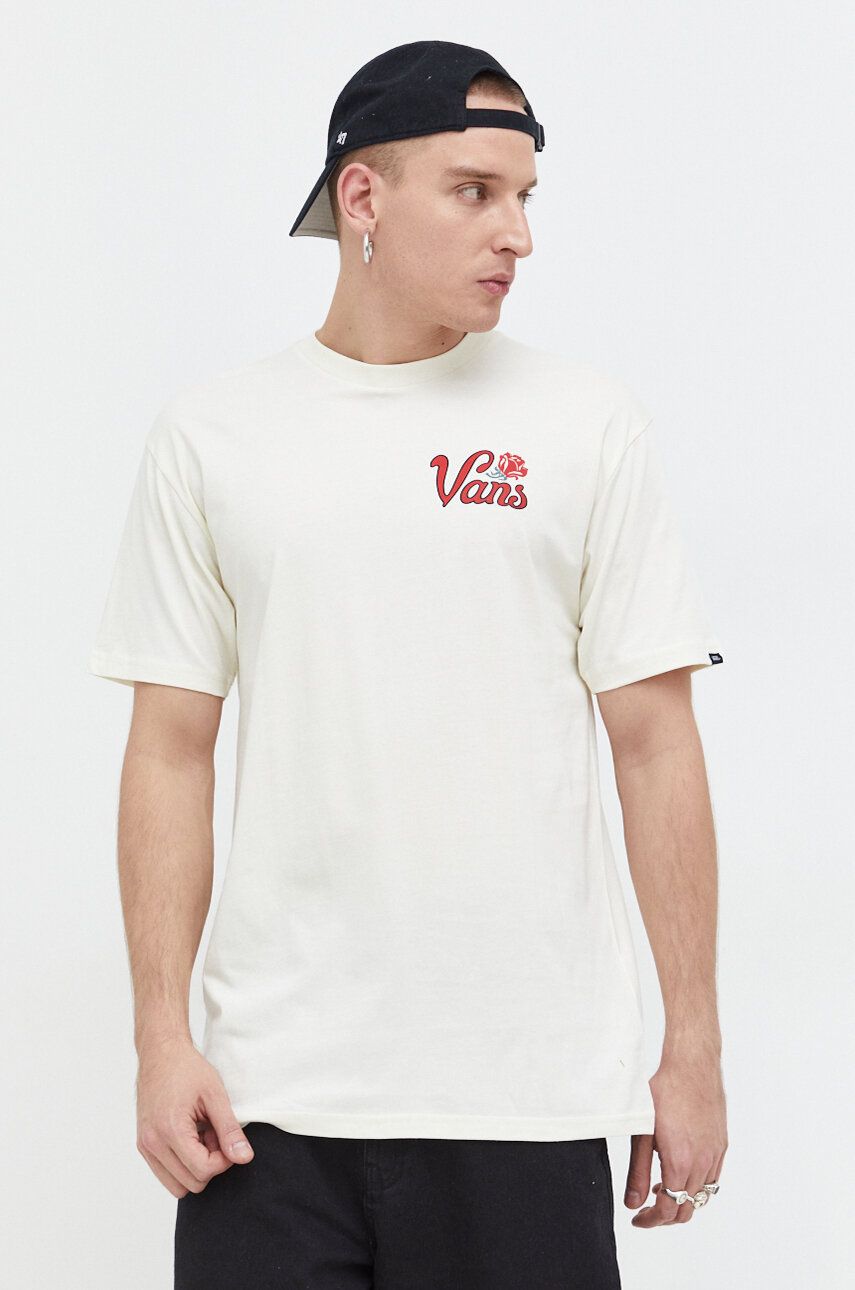 Bavlněné tričko Vans béžová barva, s potiskem