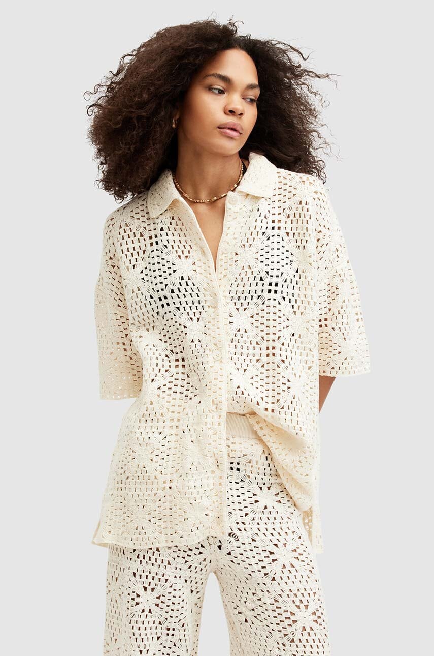 AllSaints camasa din bumbac MILLY TOP femei, culoarea bej, neted, W031KA AllSaints camasa din bumbac MILLY TOP femei, culoarea bej, neted, W031KA