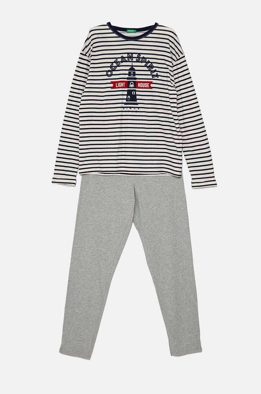 United Colors of Benetton pijamale de bumbac pentru copii culoarea gri, cu imprimeu, 3D720P07B