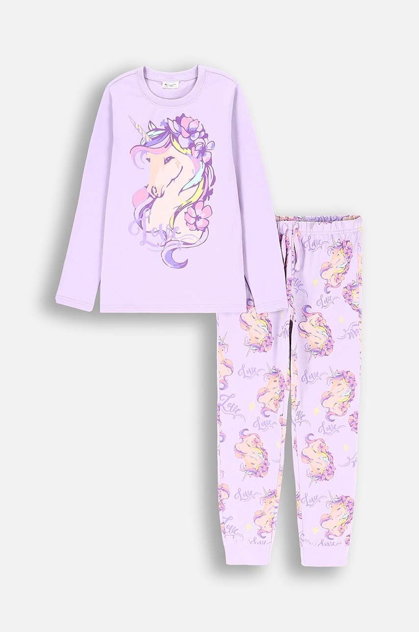 

Детска памучна пижама Coccodrillo в лилаво с принт PYJAMAS, Виолетов