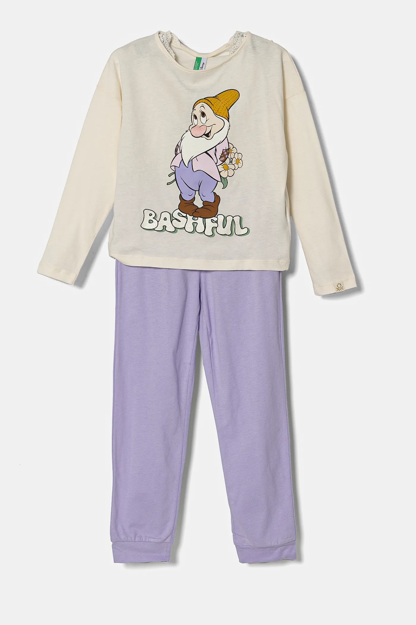 United Colors of Benetton set de pijama de bumbac pentru copii culoarea bej, cu imprimeu, 3VD00P07K