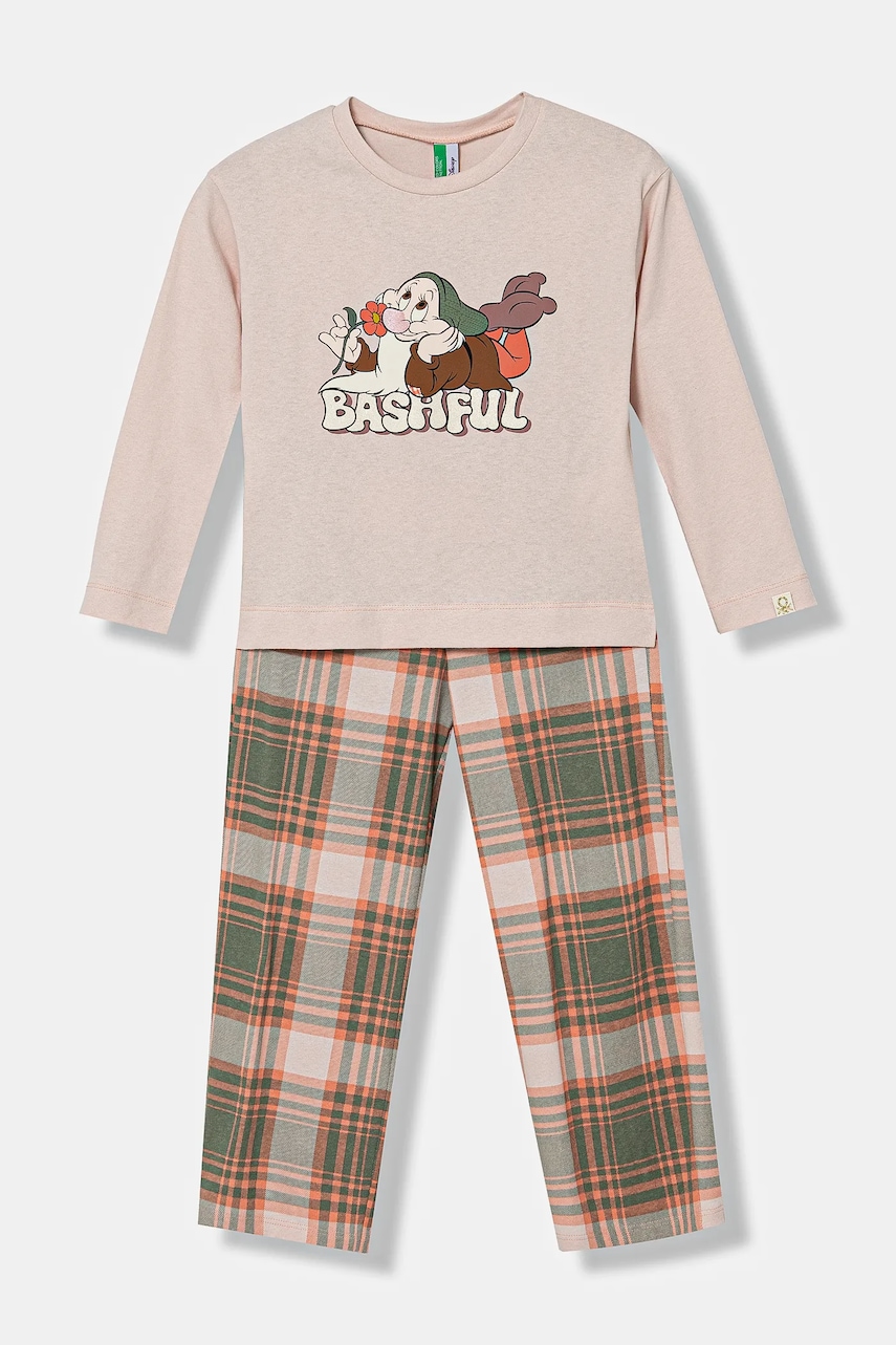 United Colors of Benetton set de pijama de bumbac pentru copii culoarea bej, cu imprimeu, 34NB0P07L