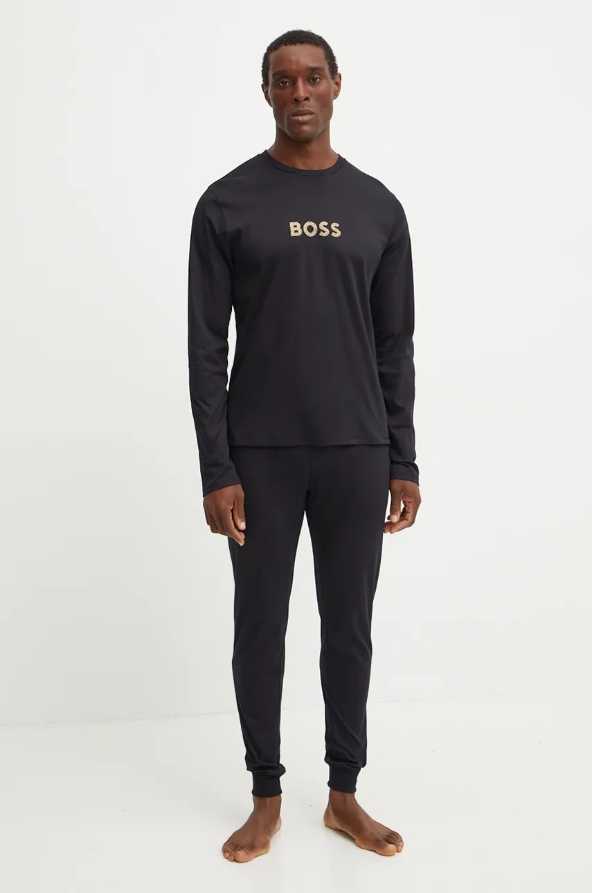 

Памучна пижама BOSS в черно с принт 50527499, Черен