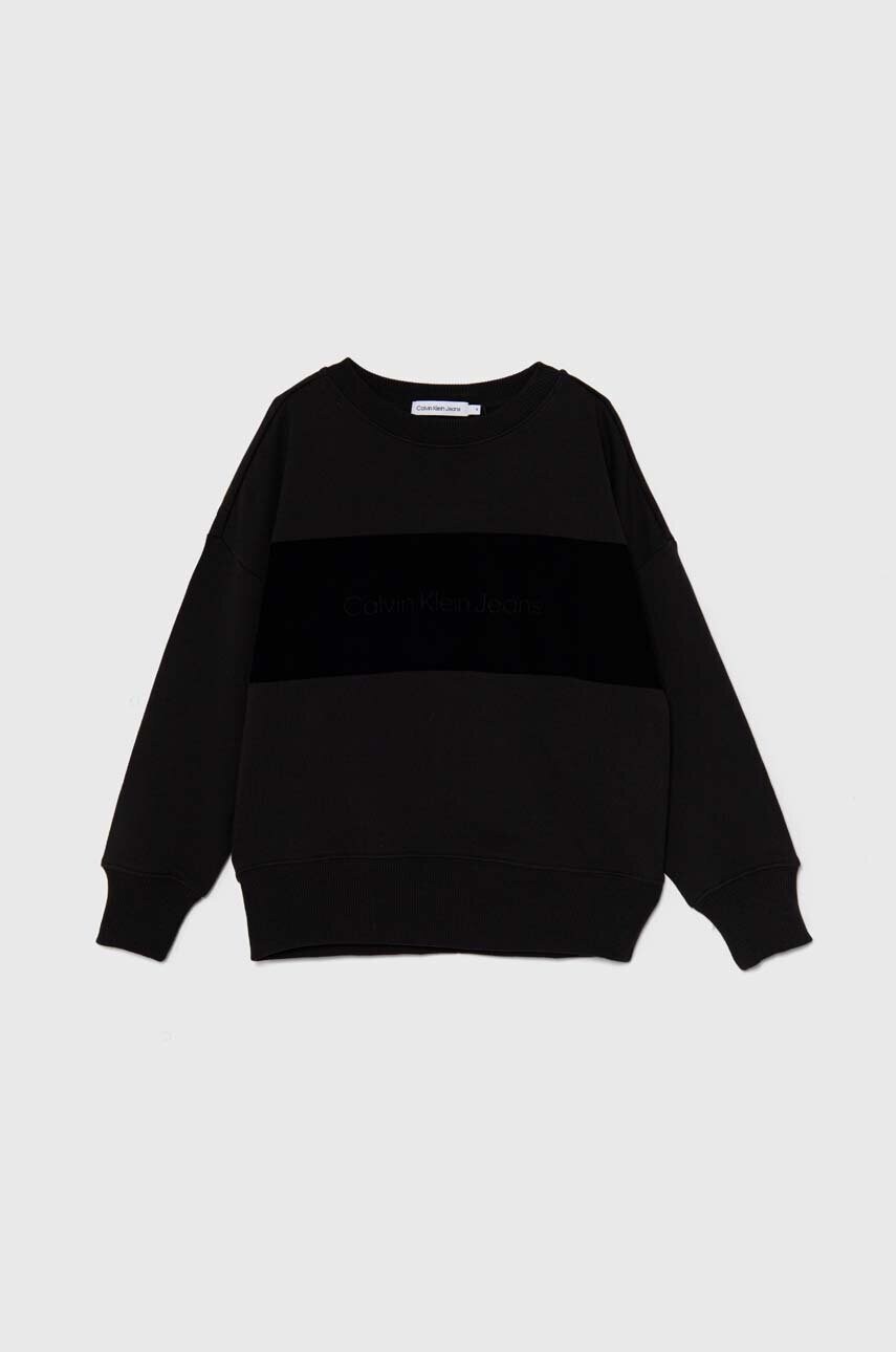 Levně Dětská bavlněná mikina Calvin Klein Jeans černá barva, s aplikací, IB0IB02135