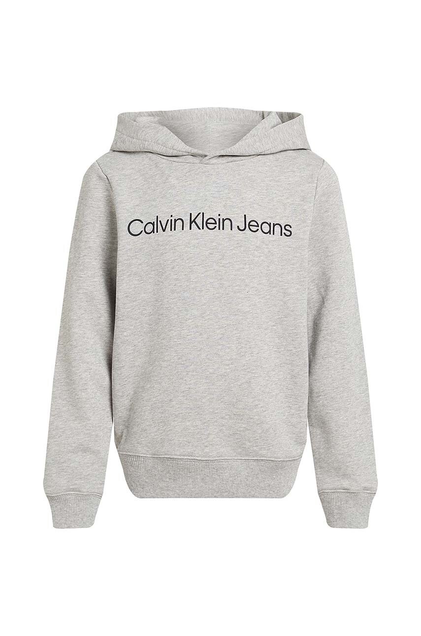

Детски памучен суичър Calvin Klein Jeans в сиво с качулка с принт IU0IU00601, Сив
