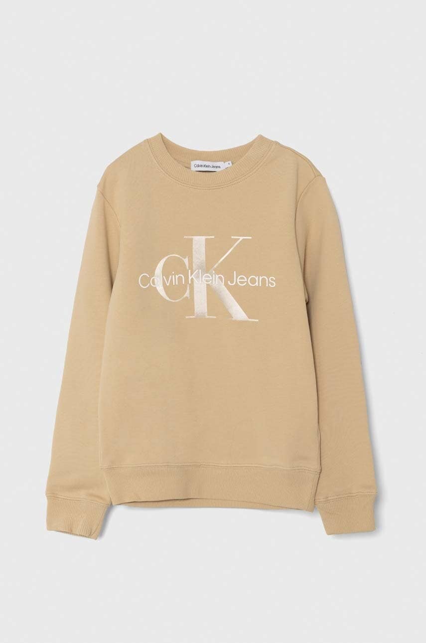 Levně Dětská bavlněná mikina Calvin Klein Jeans béžová barva, s potiskem, IU0IU00602