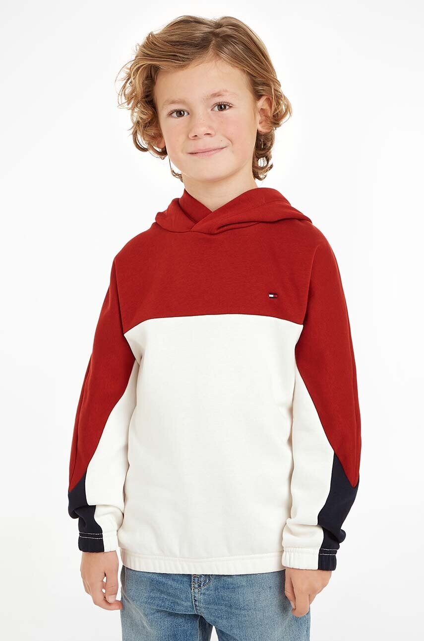 Levně Dětská mikina Tommy Hilfiger červená barva, s kapucí, KB0KB09144