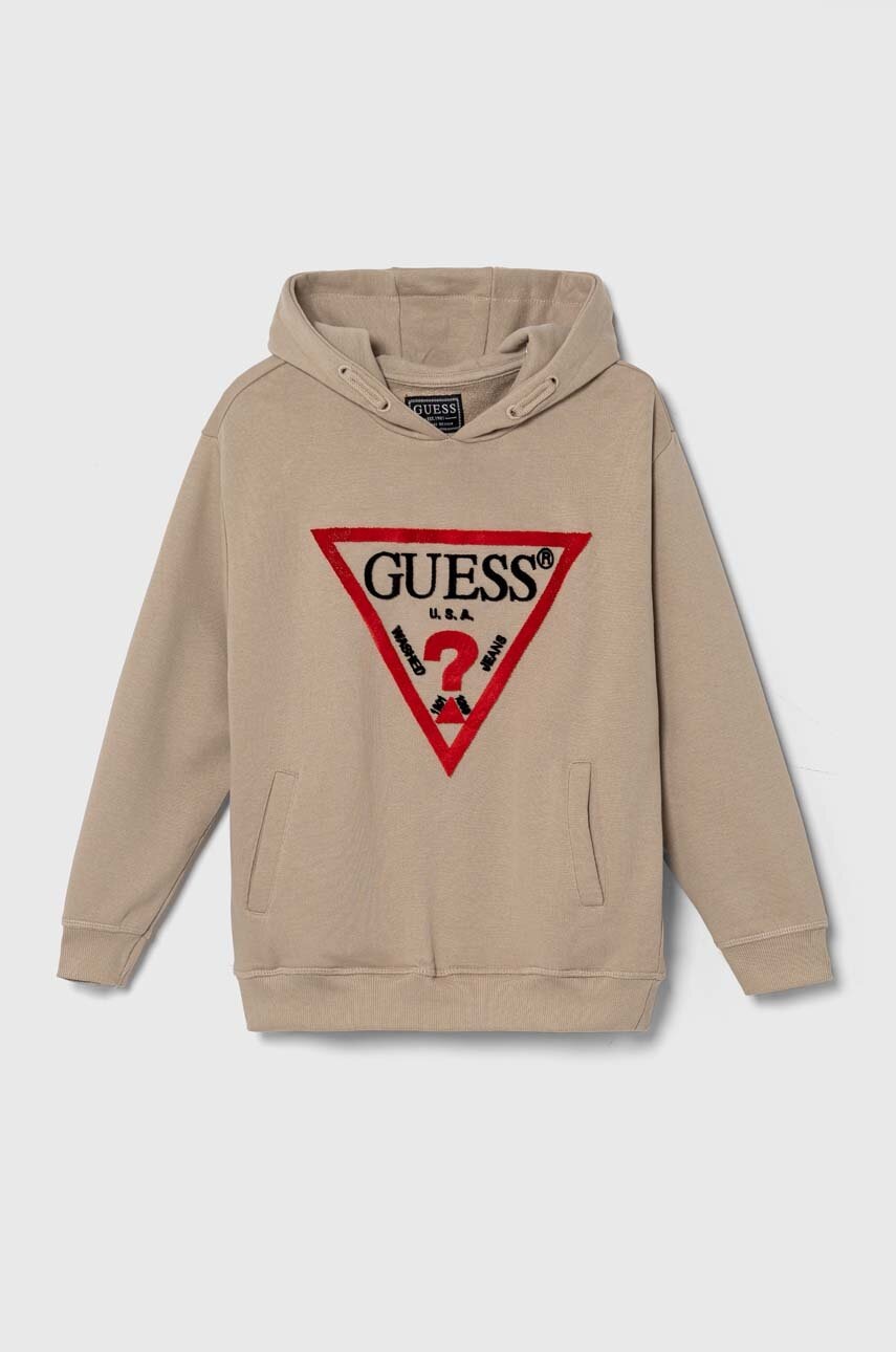 

Детски памучен суичър Guess в бежово с качулка с апликация L4RQ23 KAD74, Бежов