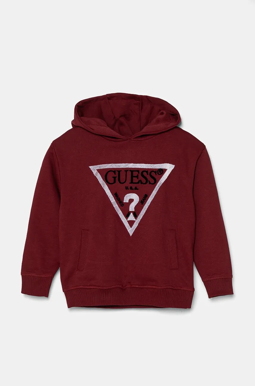 Levně Dětská bavlněná mikina Guess vínová barva, s kapucí, s aplikací, L4RQ23 KAD74