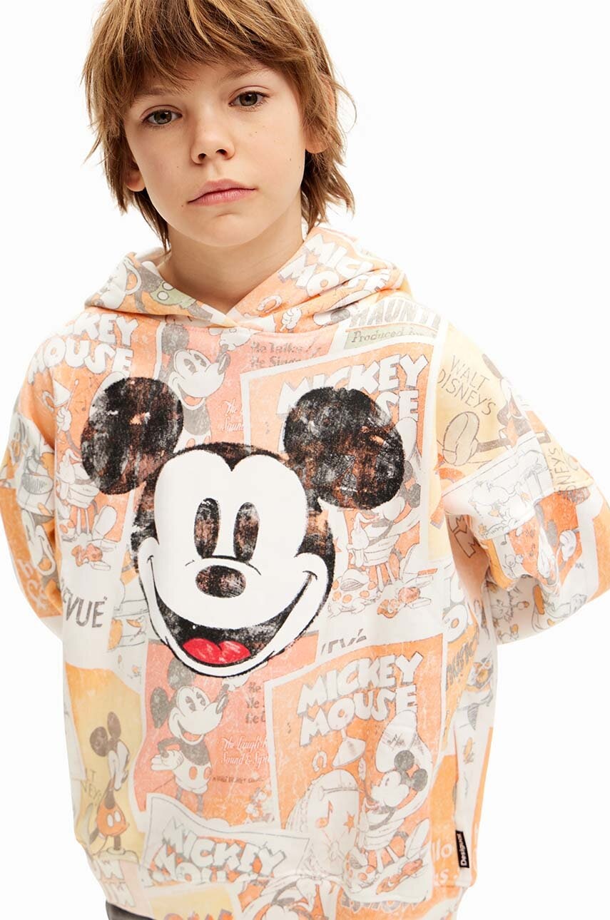 Desigual hanorac de bumbac pentru copii MICKEY MOUSE culoarea portocaliu, cu glugă, modelator, 24WBSK10 Desigual hanorac de bumbac pentru copii MICKEY MOUSE culoarea portocaliu, cu glugă, modelator, 24WBSK10