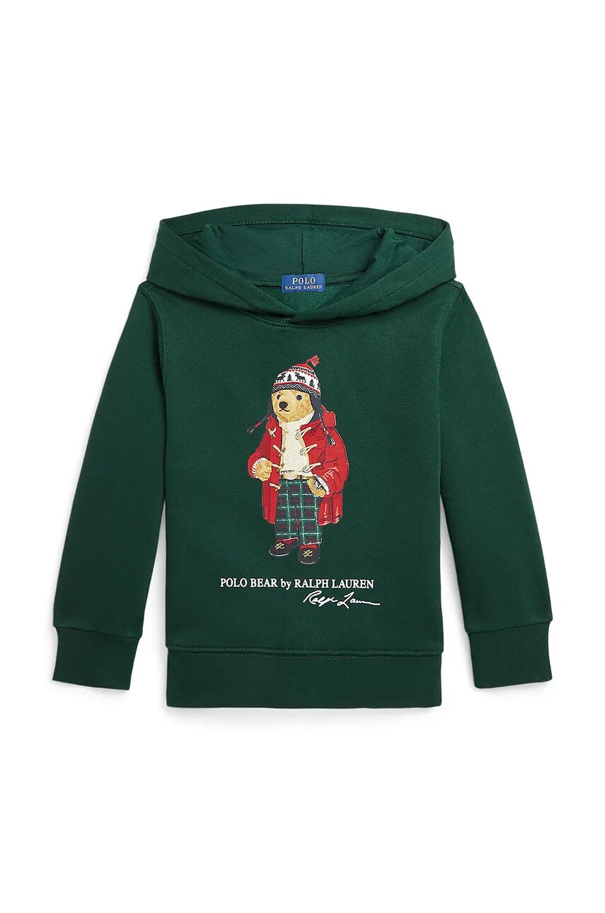 Levně Dětská mikina Polo Ralph Lauren zelená barva, s kapucí, s potiskem, 322960440003