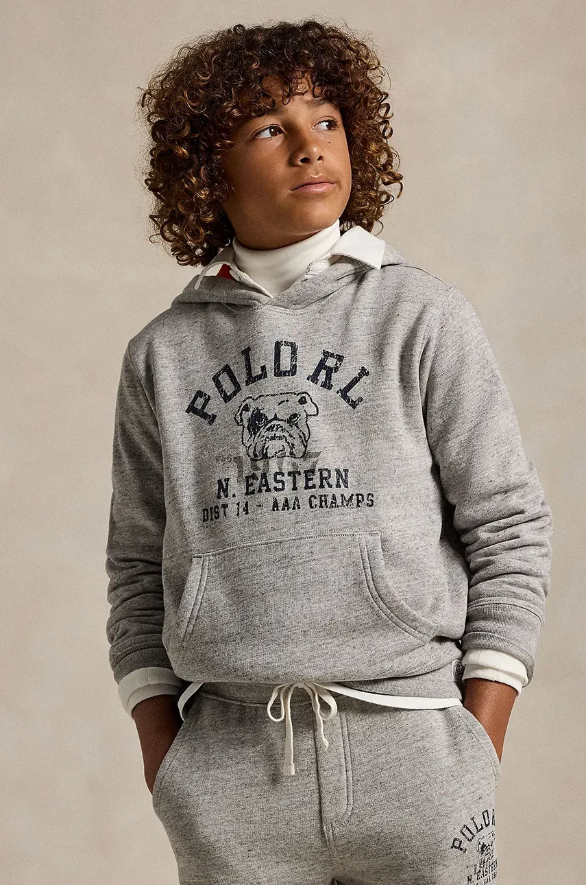Levně Dětská mikina Polo Ralph Lauren šedá barva, s kapucí, s potiskem, 323952520001