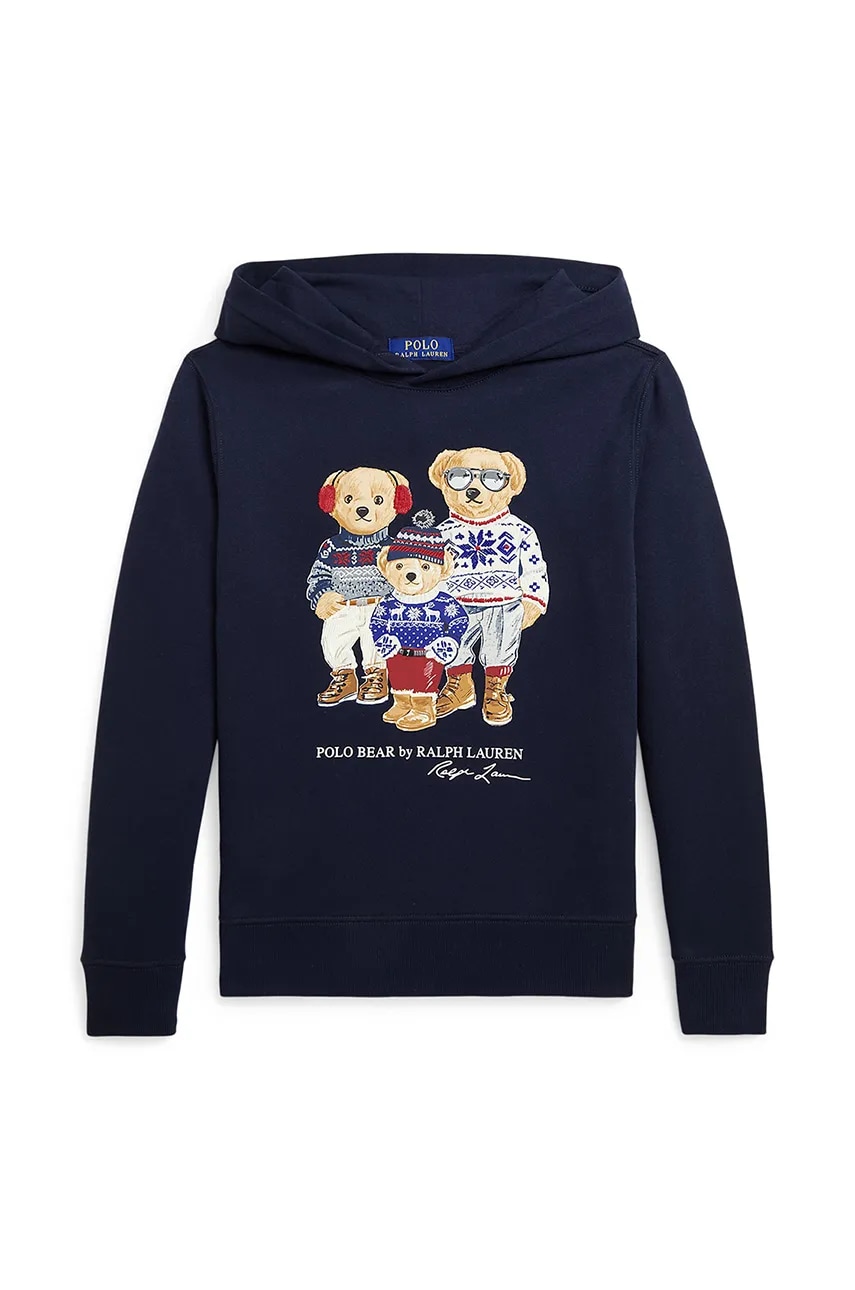 Levně Dětská mikina Polo Ralph Lauren tmavomodrá barva, s kapucí, s potiskem, 323953042001