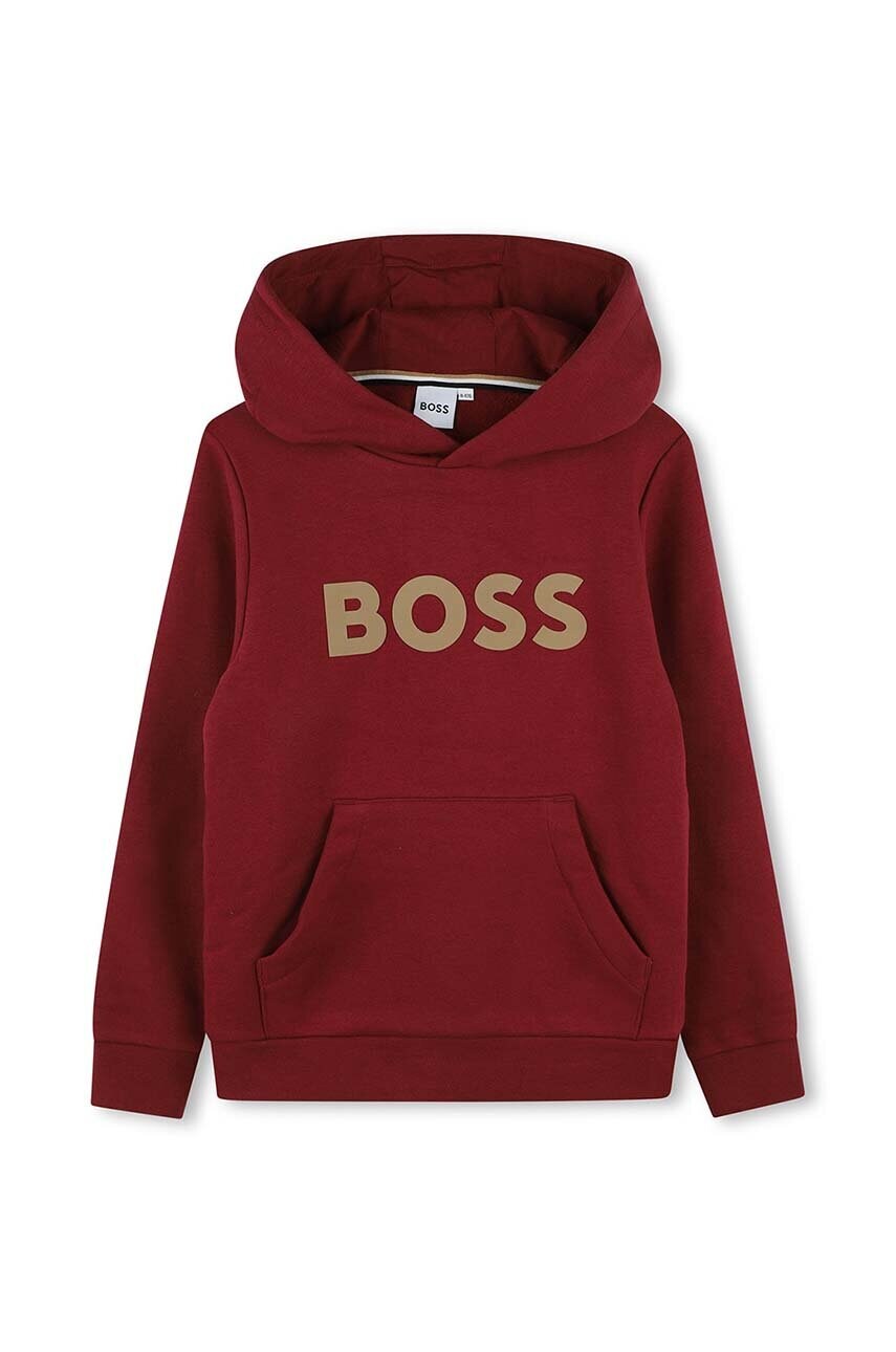 BOSS bluza copii culoarea bordo, cu glugă, cu imprimeu, J51187