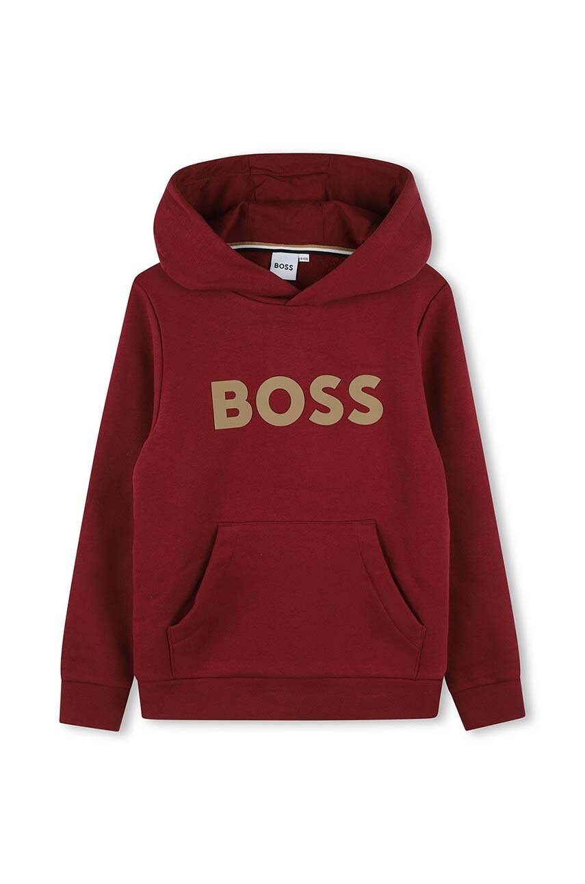 

Детски суичър BOSS в бордо с качулка с принт J51187