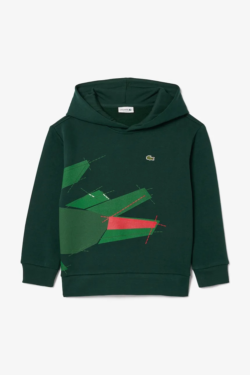 Lacoste bluză copii culoarea verde, cu glugă, cu imprimeu, SJ2561