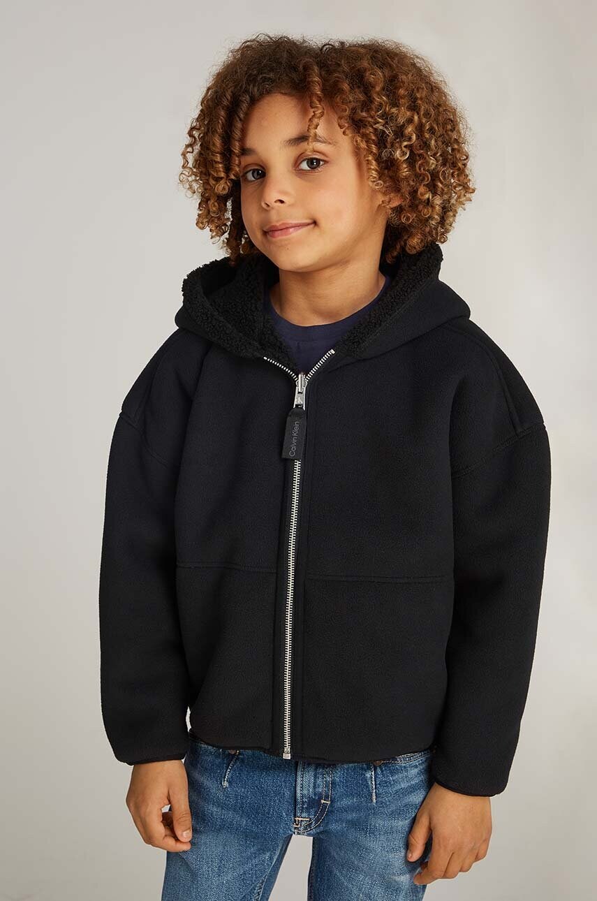 Levně Dětská mikina Calvin Klein Jeans černá barva, s kapucí, hladká, IB0IB02211