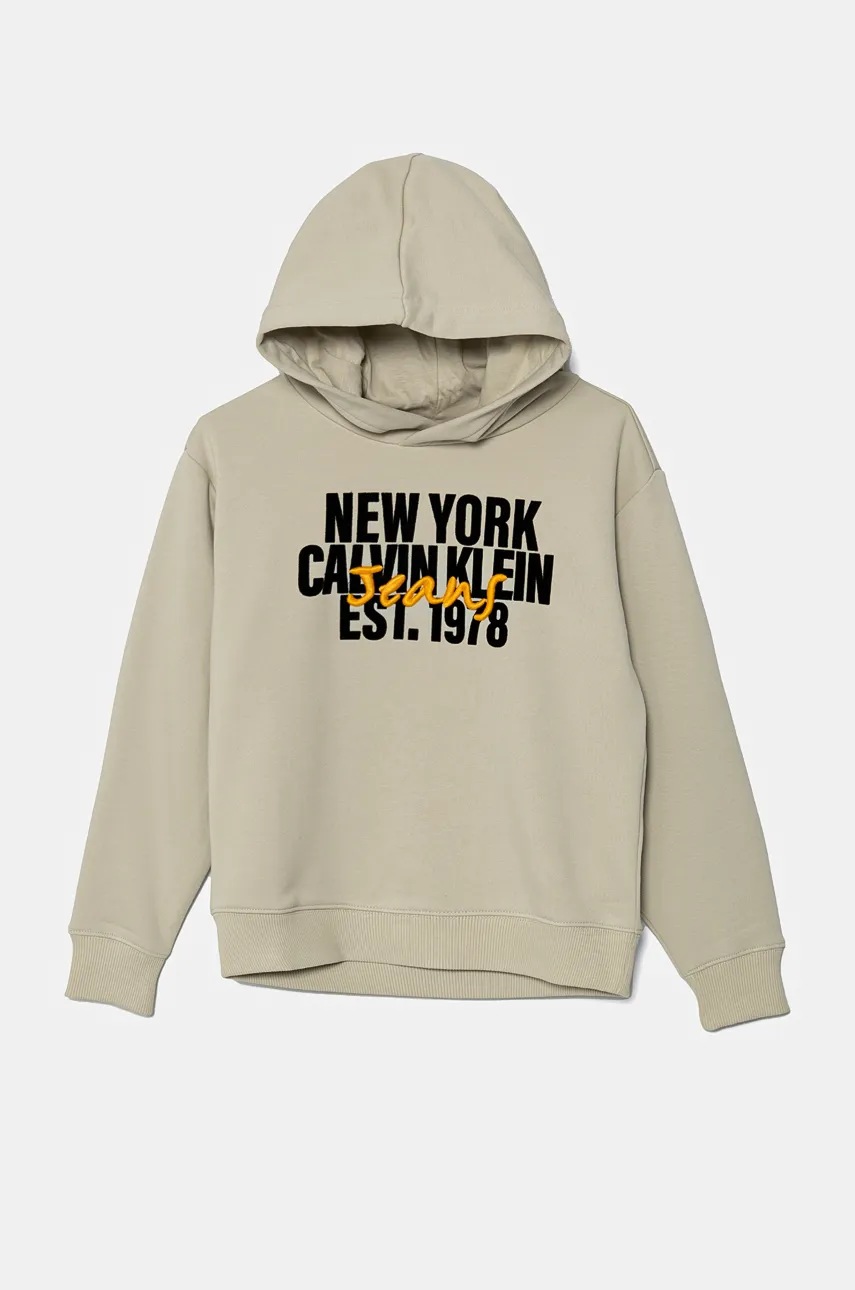 Дитяча кофта Calvin Klein Jeans колір бежевий з капюшоном з принтом IB0IB02334