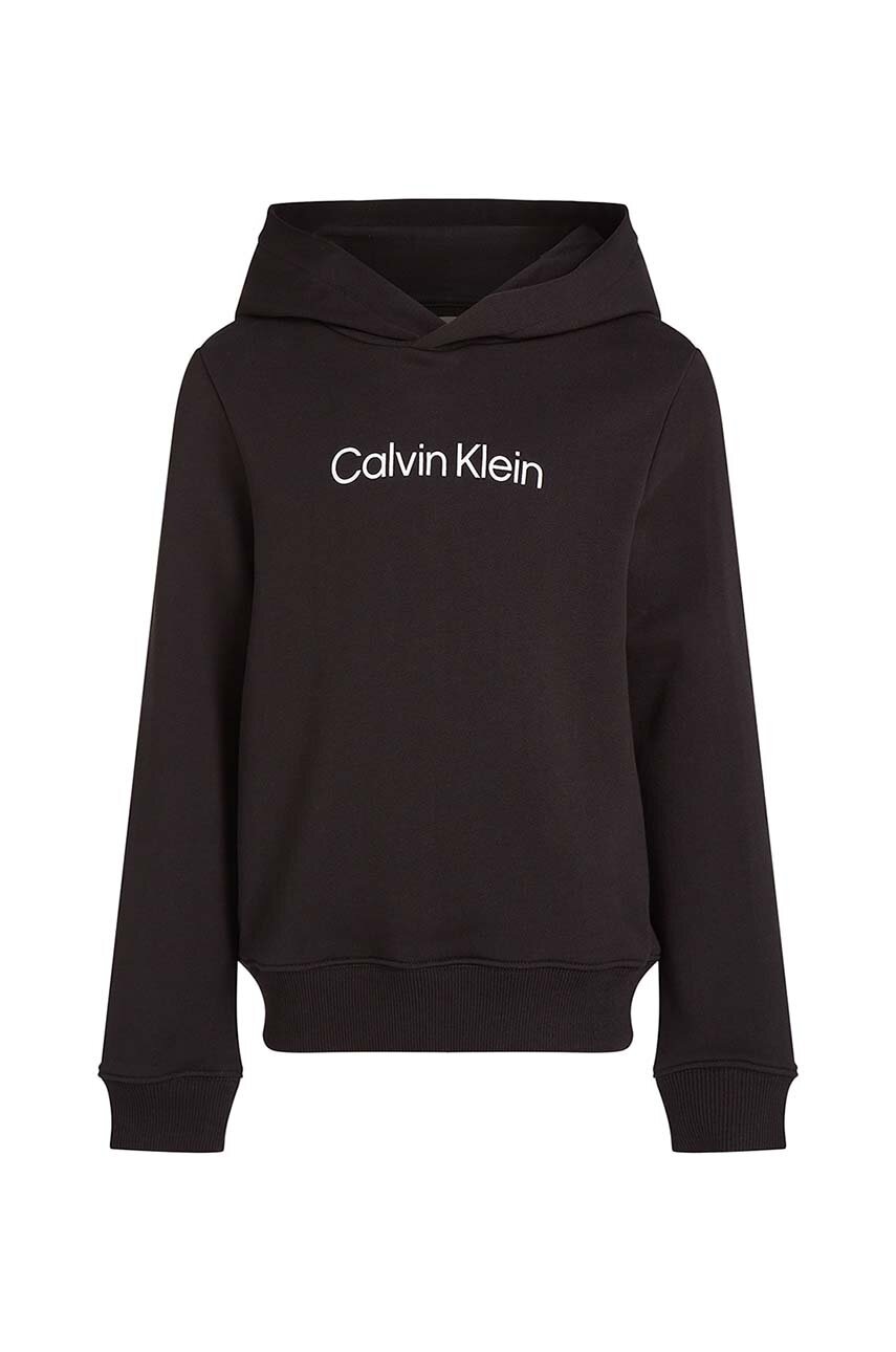 Детская хлопковая кофта Calvin Klein Jeans цвет чёрный с капюшоном с принтом IU0IU00679
