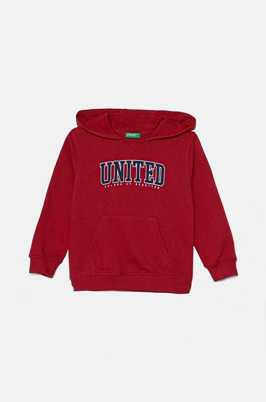 United Colors of Benetton hanorac de bumbac pentru copii culoarea bordo, cu gluga, cu imprimeu, 3J68G200Q