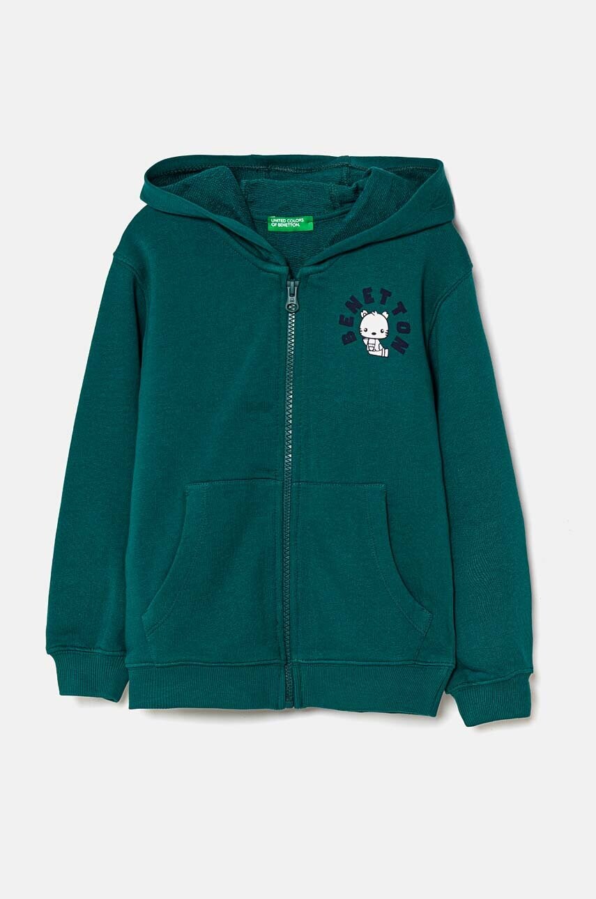 United Colors of Benetton hanorac de bumbac pentru copii culoarea verde, cu gluga, modelator, 3J68G5034