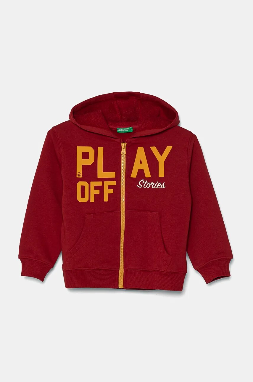 United Colors of Benetton hanorac de bumbac pentru copii culoarea bordo, cu glugă, cu imprimeu, 3FWYG5039