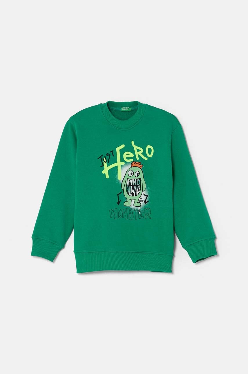 United Colors of Benetton hanorac de bumbac pentru copii culoarea verde, cu imprimeu, 3FWYG10FN