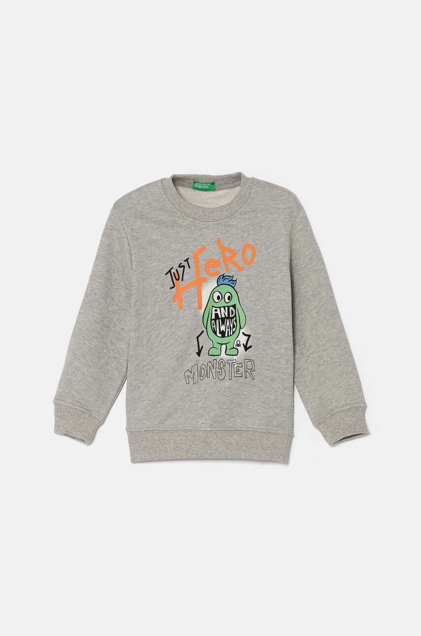 United Colors of Benetton hanorac de bumbac pentru copii culoarea gri, cu imprimeu, 3FWYG10FN