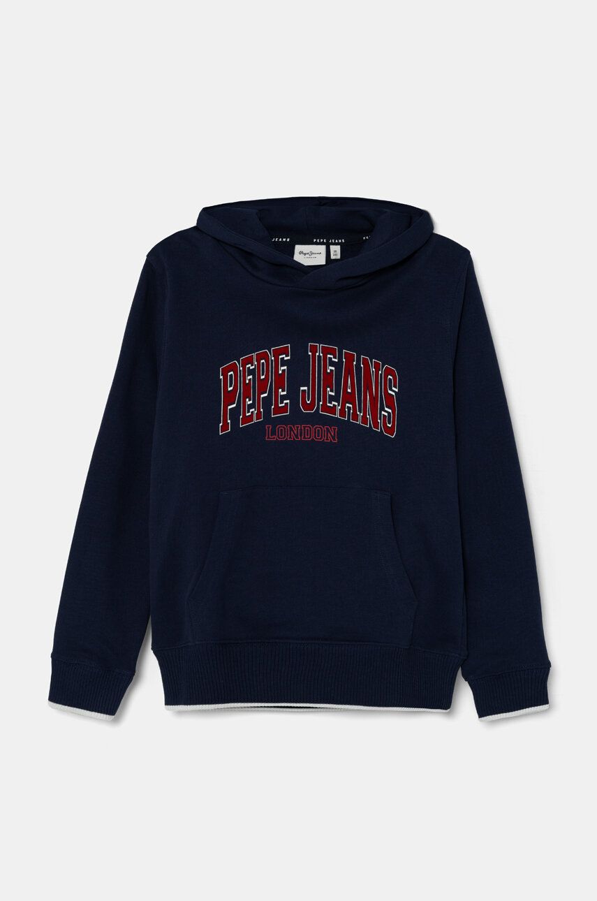 Pepe Jeans hanorac de bumbac pentru copii BAIN HOODIE culoarea albastru marin, cu glugă, cu imprimeu, PB581624