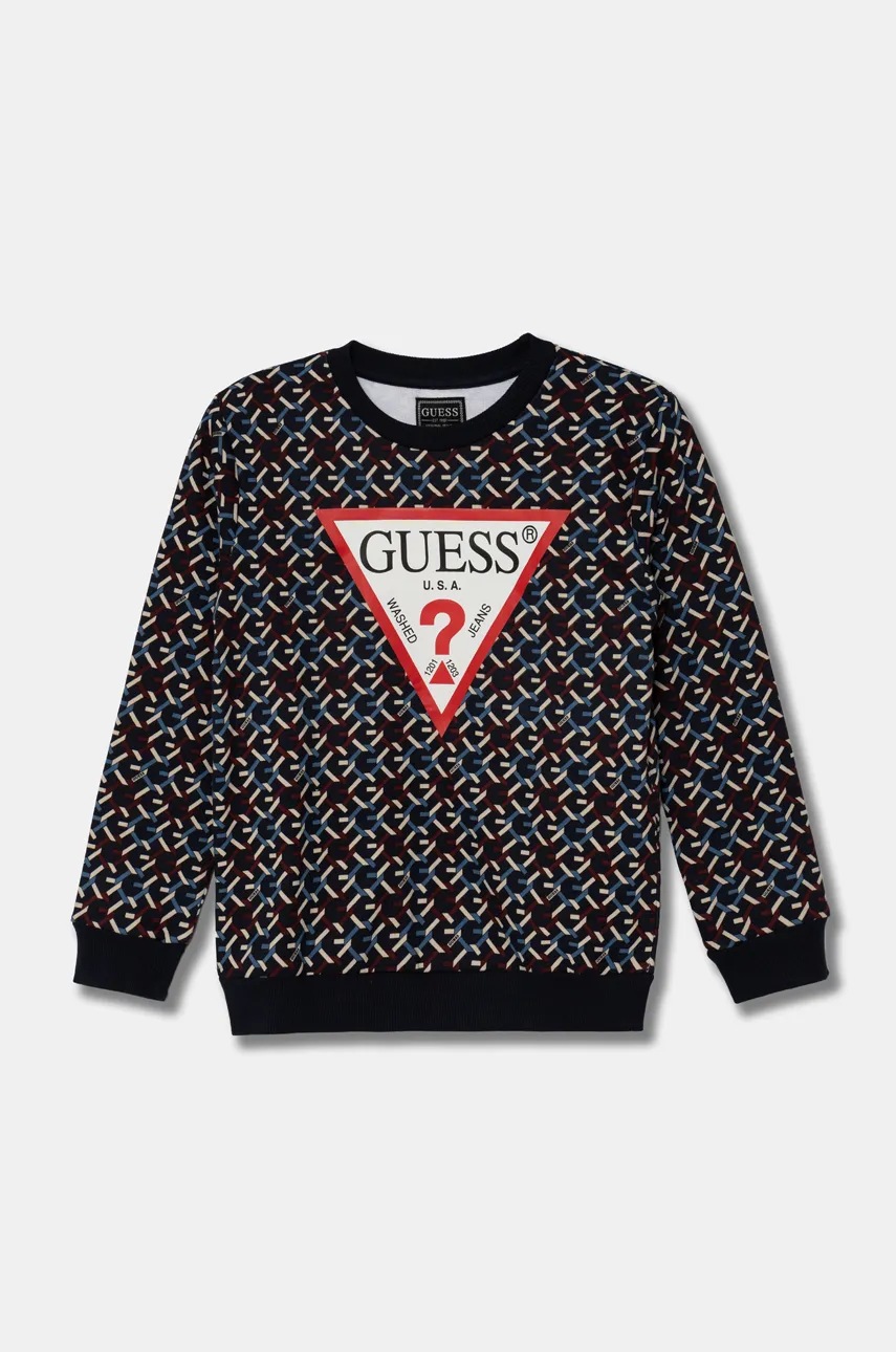 

Детски памучен суичър Guess в черно с десен N4BQ01 KAD73, Тъмносин
