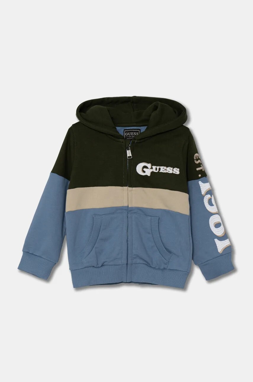 Levně Dětská bavlněná mikina Guess zelená barva, s kapucí, s aplikací, N4BQ02 KAD73