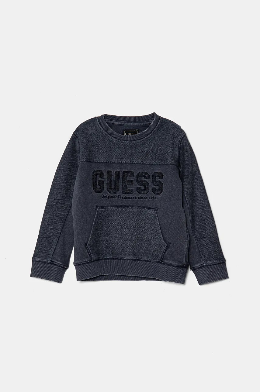 

Детски памучен суичър Guess в тъмносиньо с качулка с изчистен дизайн N4BQ23 KAD74, Тъмносин