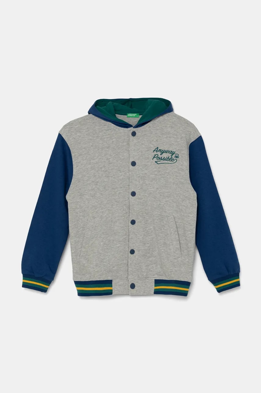 United Colors of Benetton hanorac de bumbac pentru copii culoarea gri, cu glugă, modelator, 32N4C503V