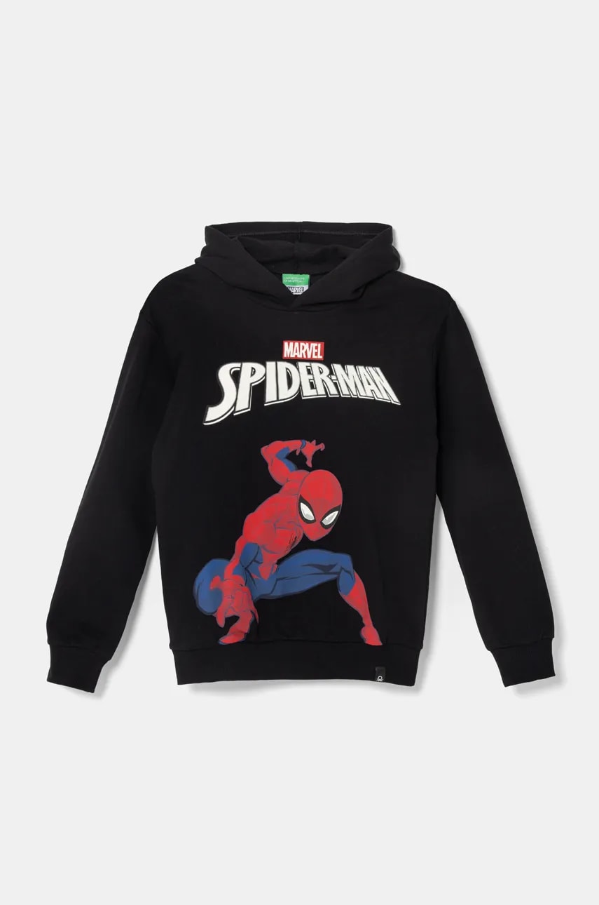 United Colors of Benetton hanorac de bumbac pentru copii culoarea negru, cu glugă, cu imprimeu, 3J68C2044