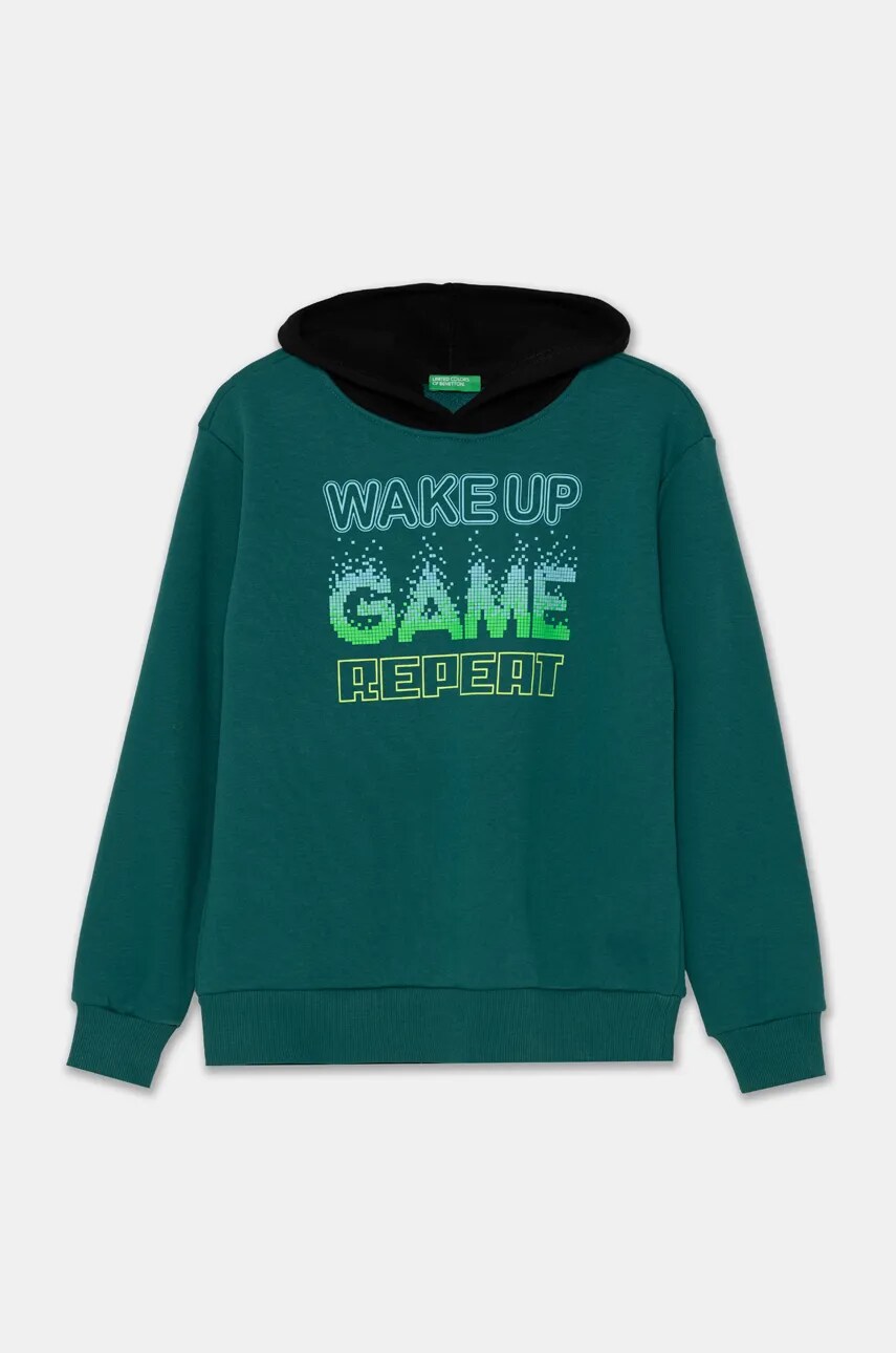 United Colors of Benetton bluza copii culoarea verde, cu glugă, cu imprimeu, 3PANC204A United Colors of Benetton bluza copii culoarea verde, cu glugă, cu imprimeu, 3PANC204A