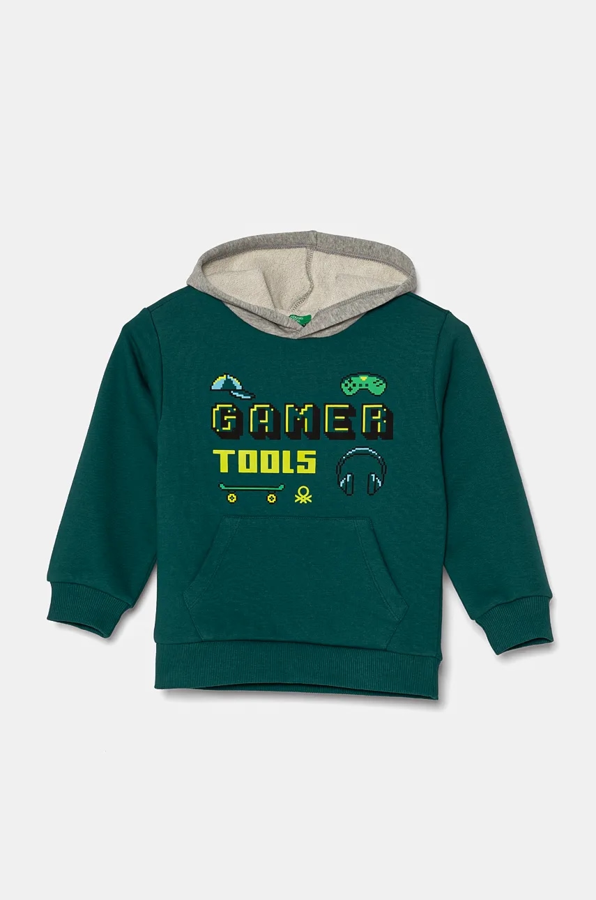 United Colors of Benetton bluza bebe culoarea verde, cu glugă, cu imprimeu, 3PANG2010