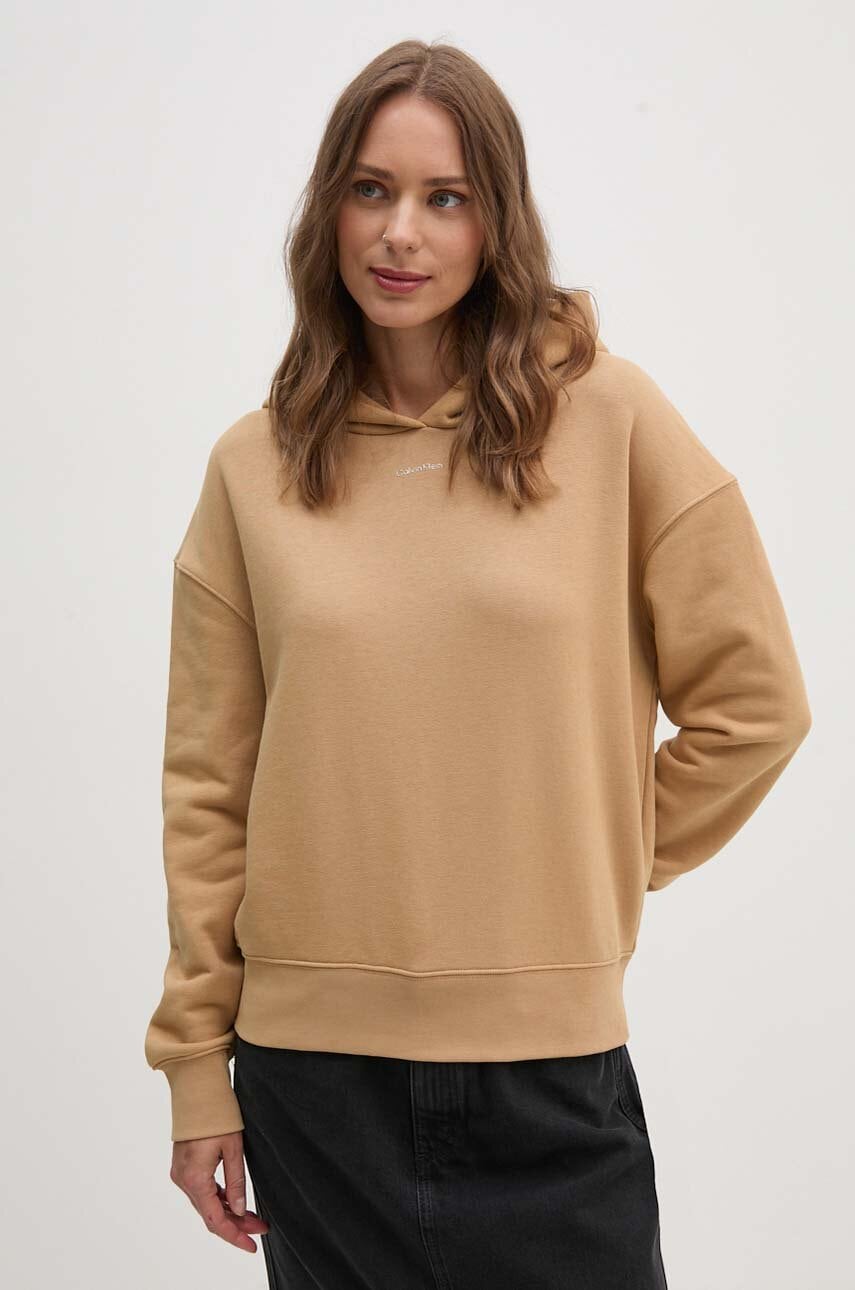 Levně Mikina Calvin Klein dámská, béžová barva, s kapucí, hladká, K20K207202