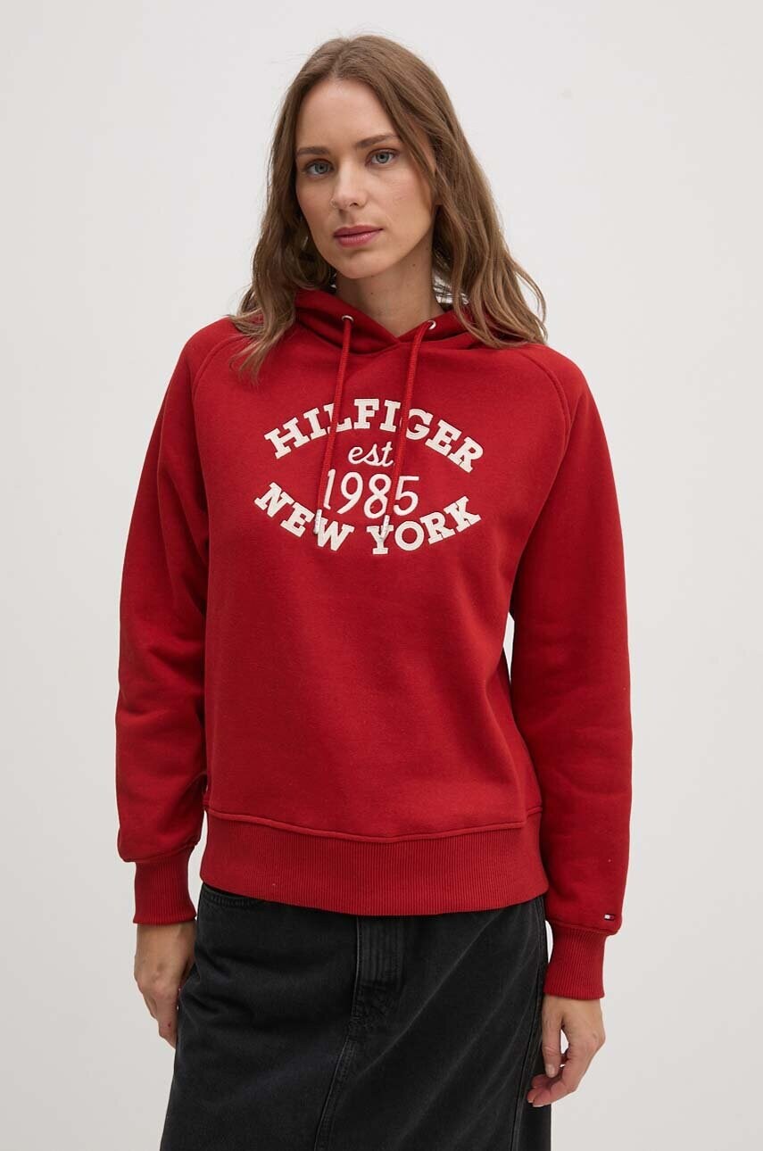 Levně Mikina Tommy Hilfiger dámská, vínová barva, s kapucí, s aplikací, WW0WW42098